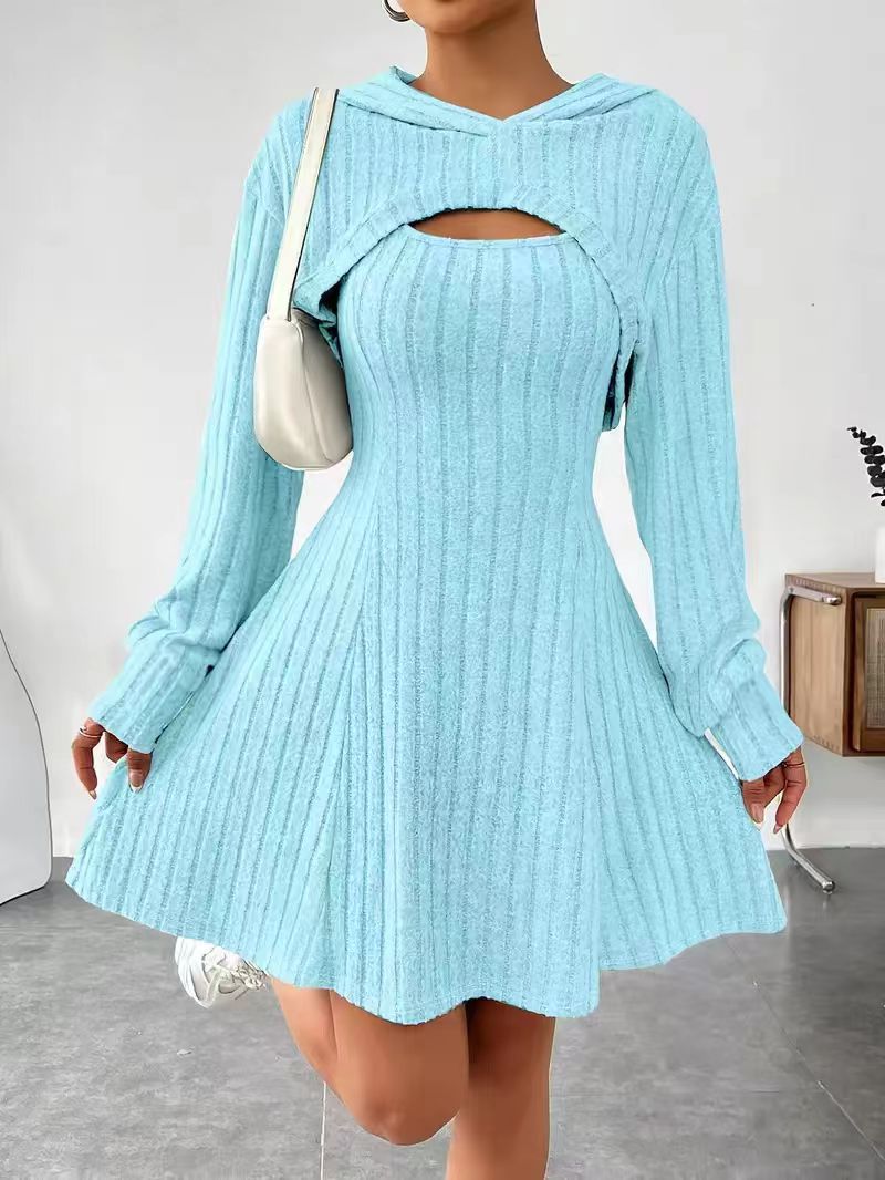 Long Sleeve Hoodie Top and Strap Square Neck A-Line Dress Set 7