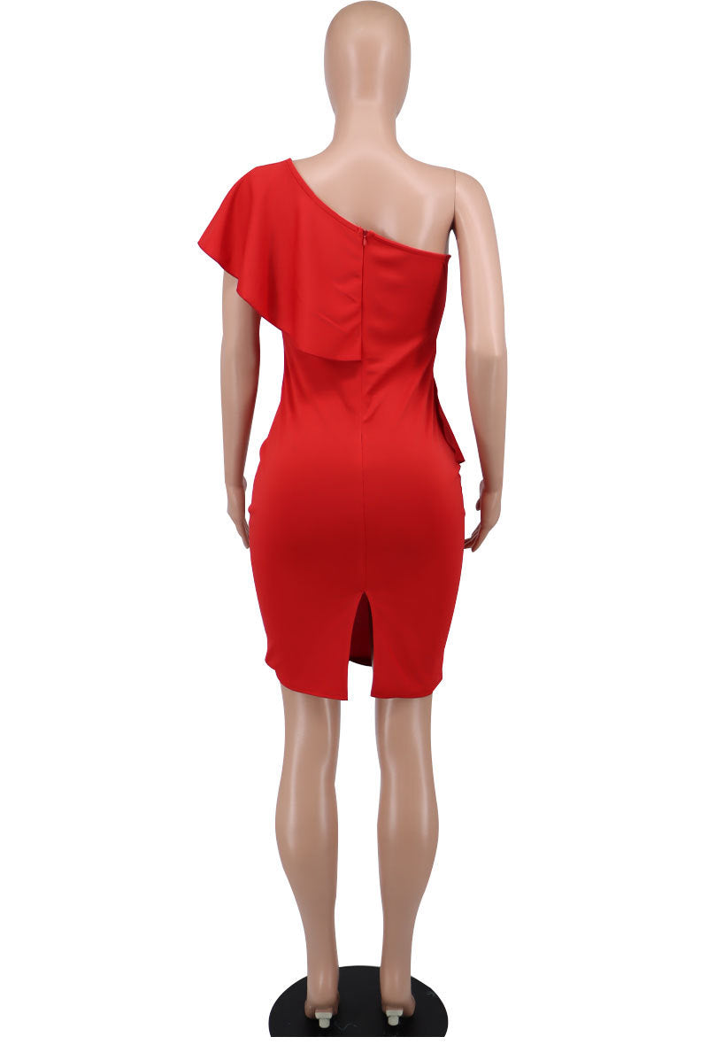 Women Summer Slanted Shoulder Ruffle Bodycon Dress 9