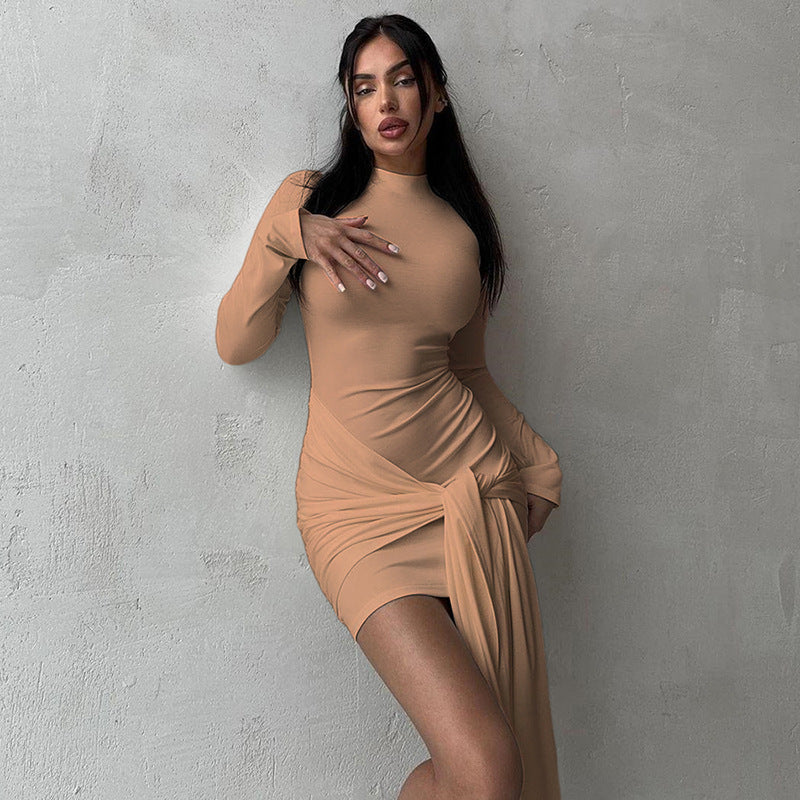Autumn Fashion Elegant Chic Round Neck Long Sleeve Pleated Patchwork High Waist Bodycon Dress