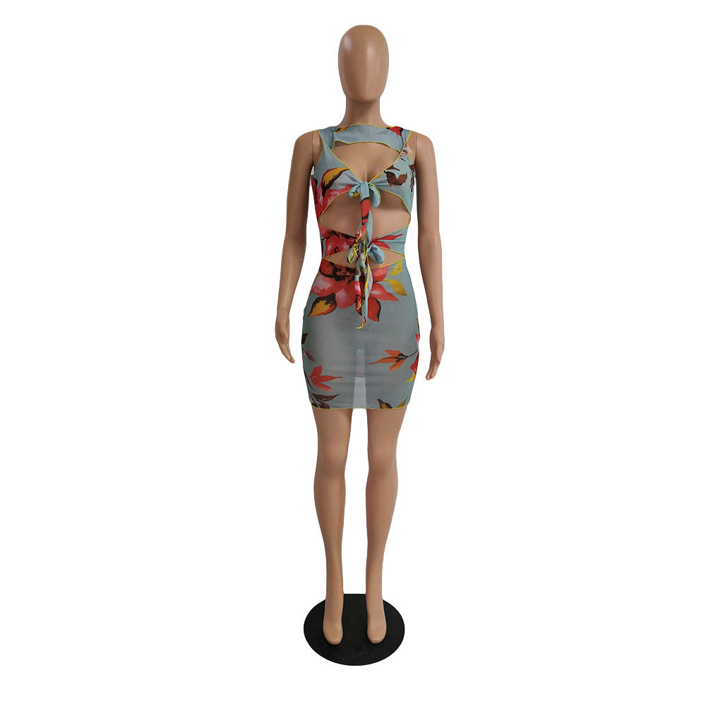 Women's Sexy Hollow Out Sleeveless Lace-Up Round Neck Dress 14