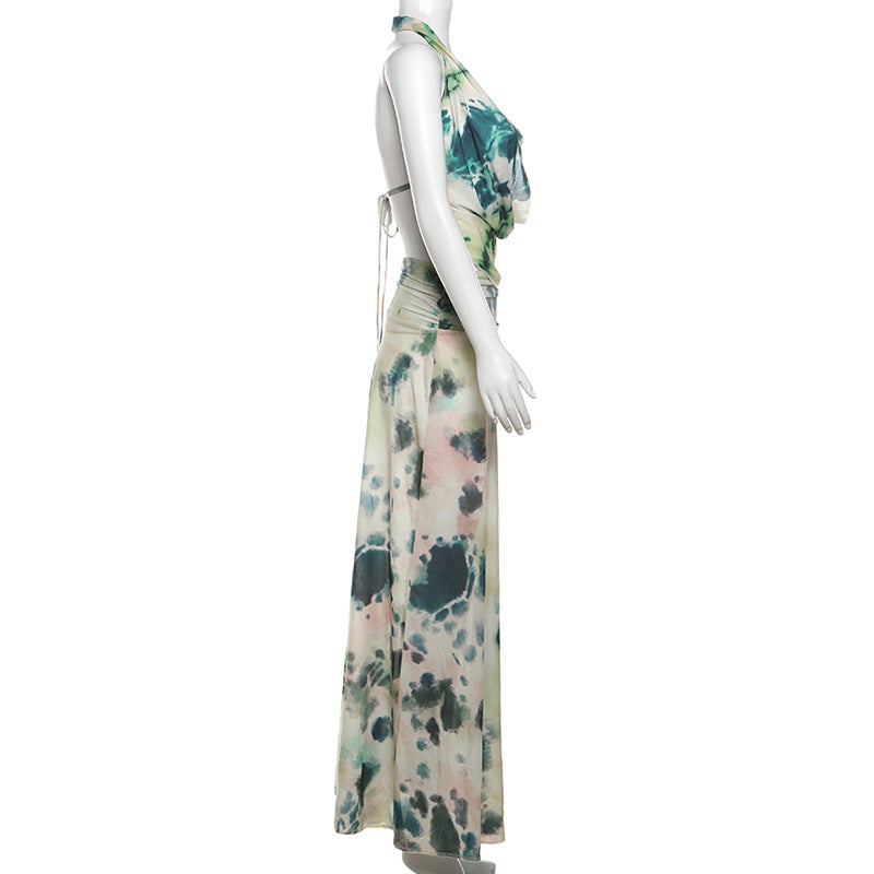 Spring Summer Women's Clothing Print Halter V Neck Backless Vest Long Skirt Two Piece Set 6