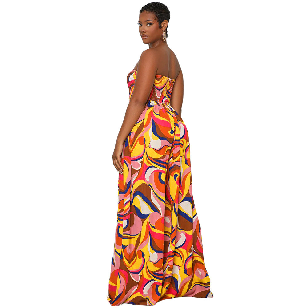 Casual Printed Low Back Strapless Loose Summer High Waist Women's Jumpsuit 6