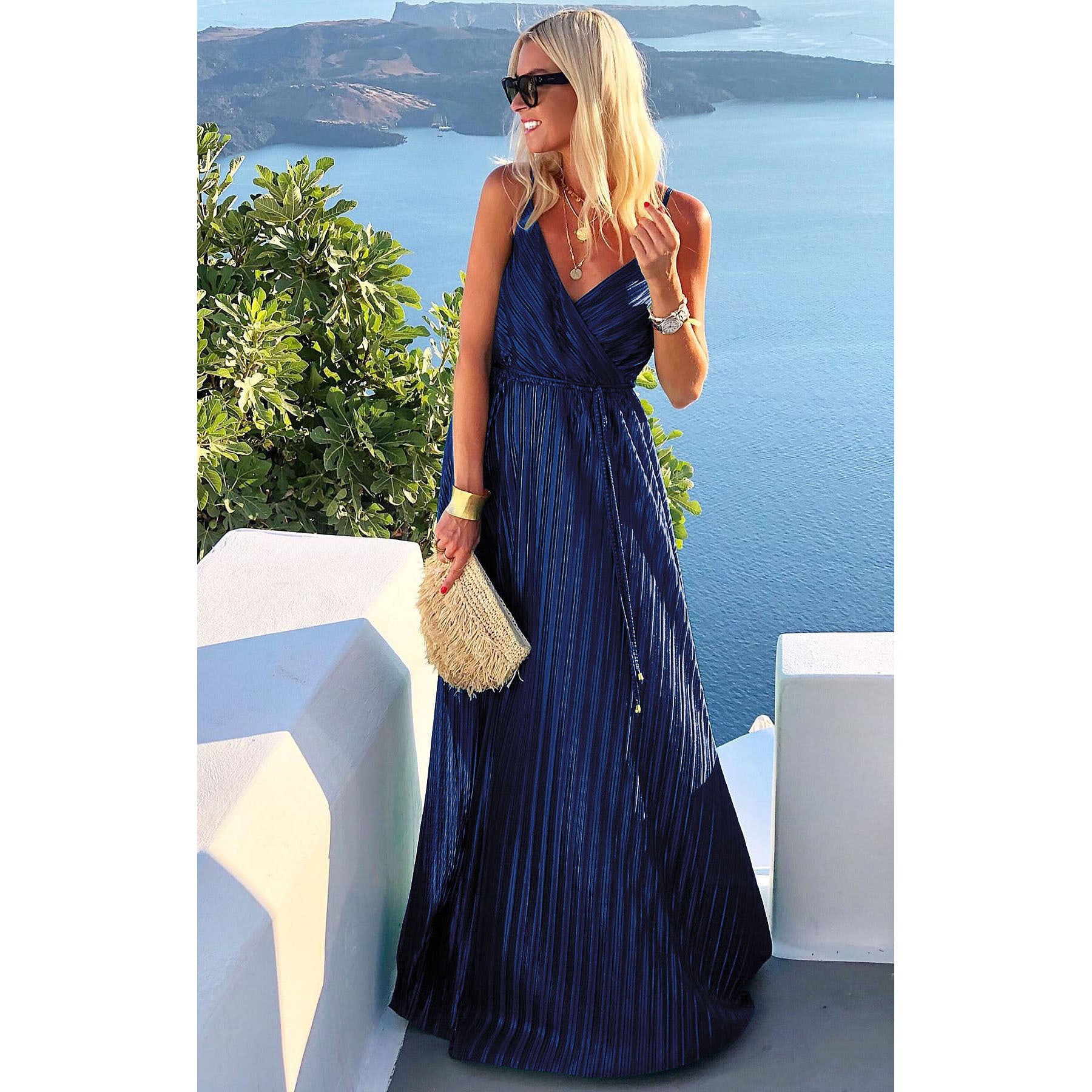 Spring Summer Sexy Strap Maxi Dress Belted Loose Swing Dress 5