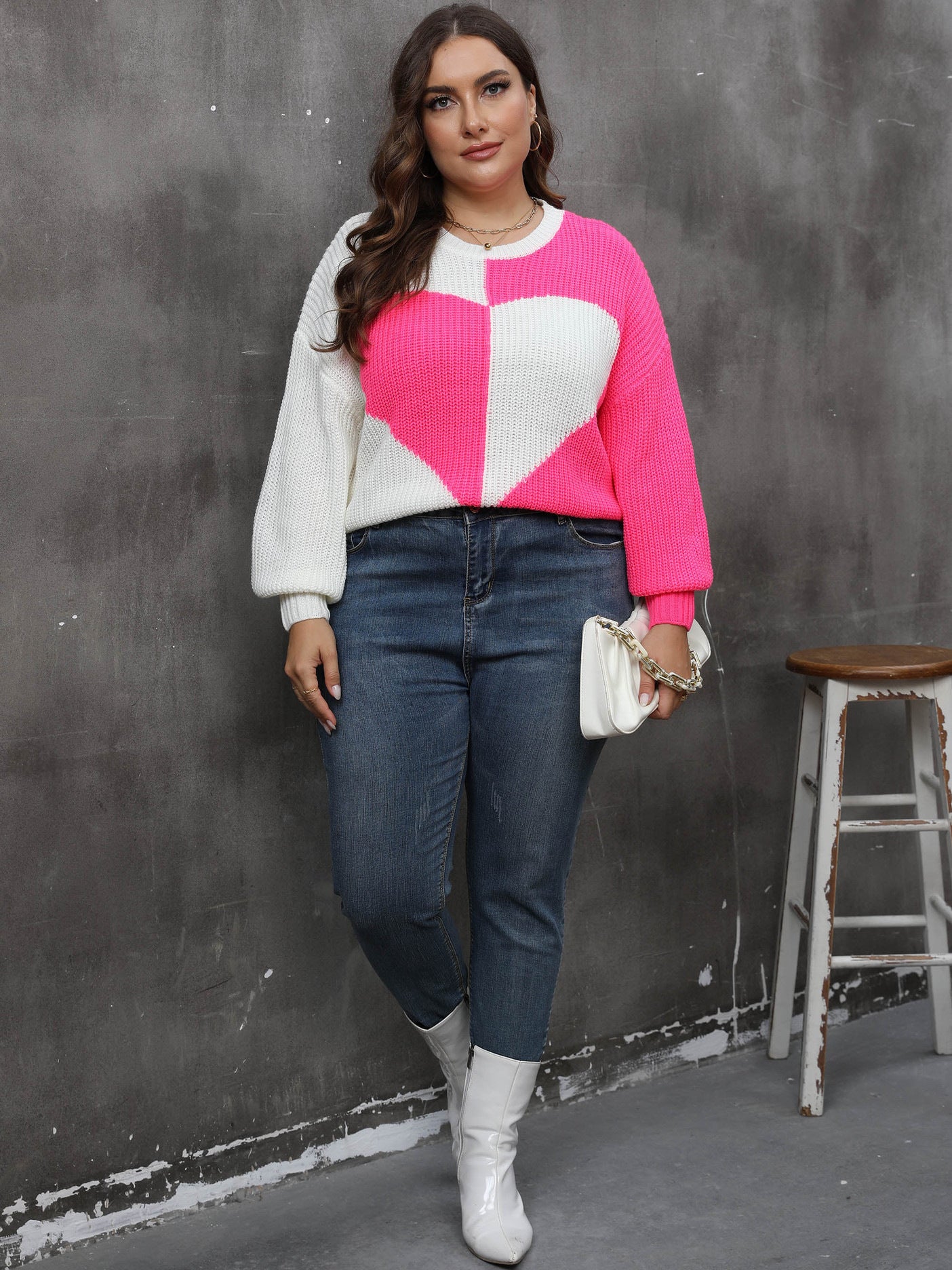 Plus Size Women Heart Print Patchwork Contrast Color Top Sweater 4