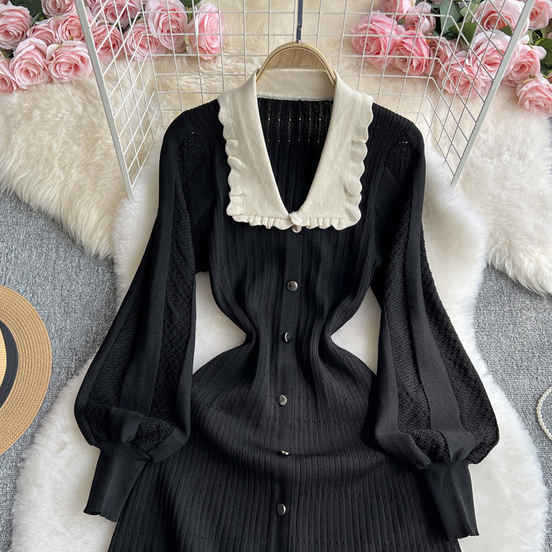 Women French knitting dress season Turndown Collar lantern sleeve long skirt 3