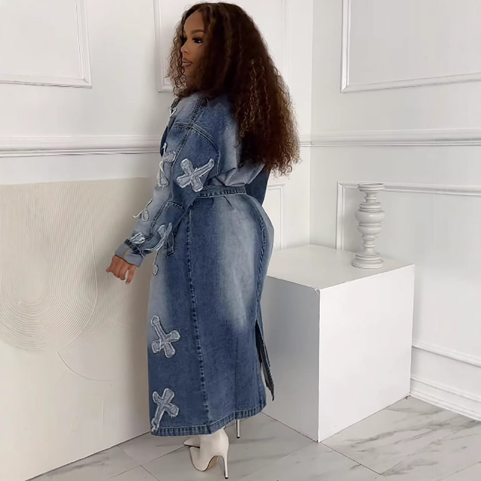 Women's Autumn Winter Street Fashion Cross Embroidery Long Denim Jacket 4