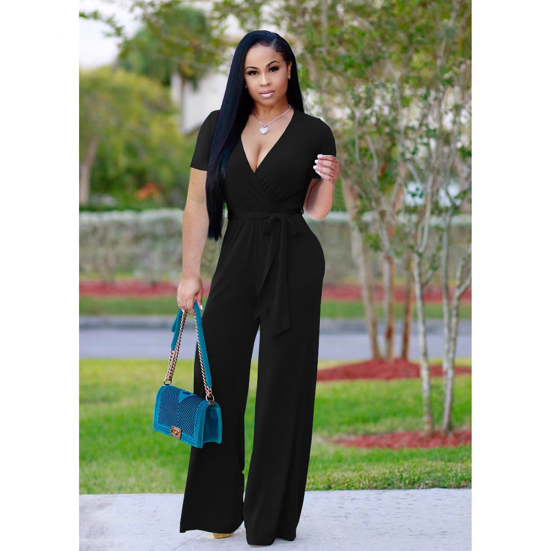 Summer Short Sleeve Wrap V-Neck Solid Loose Jumpsuit