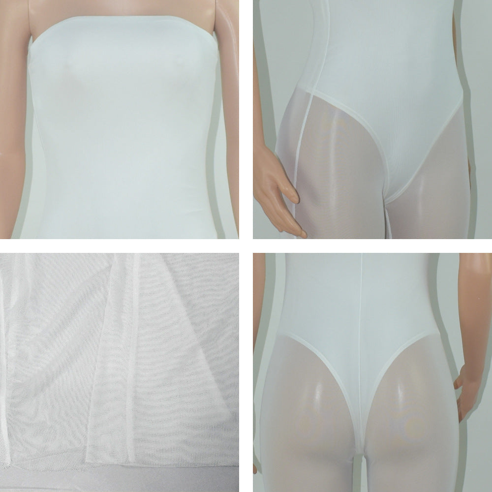 Women's Fashion Sexy Strapless Tight Fitting Wide Leg Mesh Jumpsuit 19