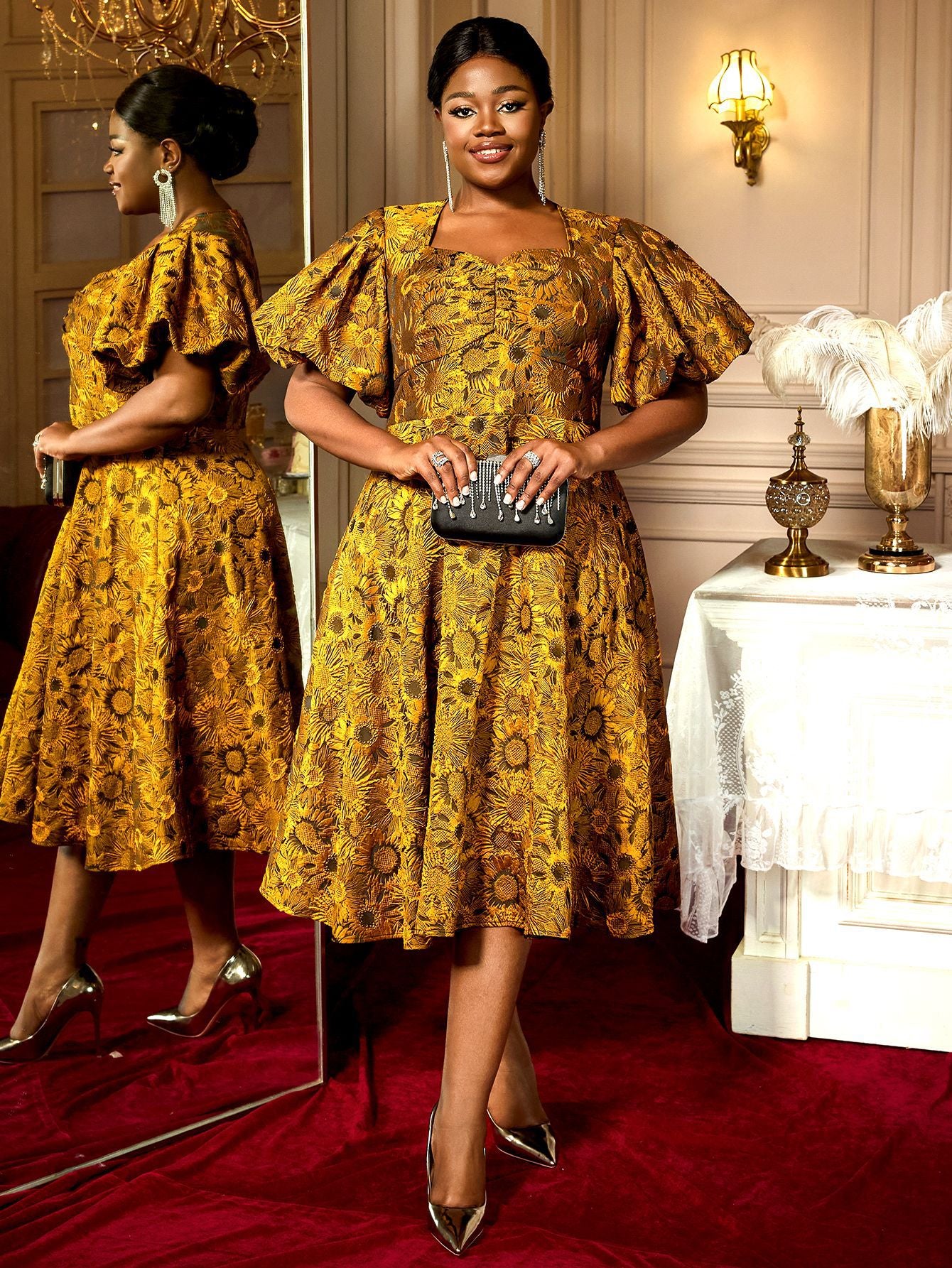 Summer Puff-Sleeve Jacquard Square-Neck A-Line Cocktail Dress 10