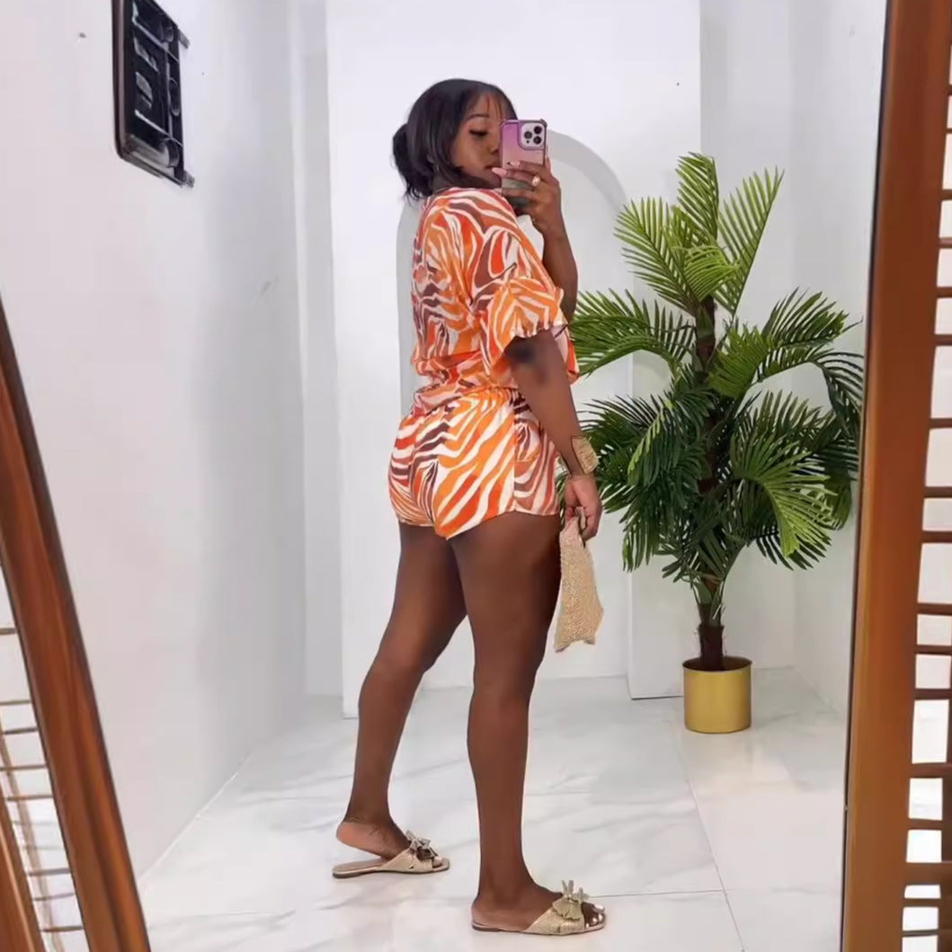 Printed Lace-Up Bat Sleeves Loose Two-Piece Shorts Set 5