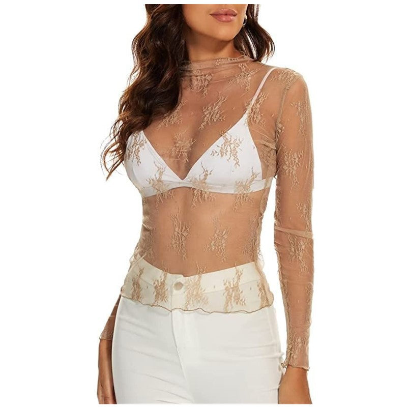 Women mesh long-sleeved floral embroidery See-Through Basic Top 5