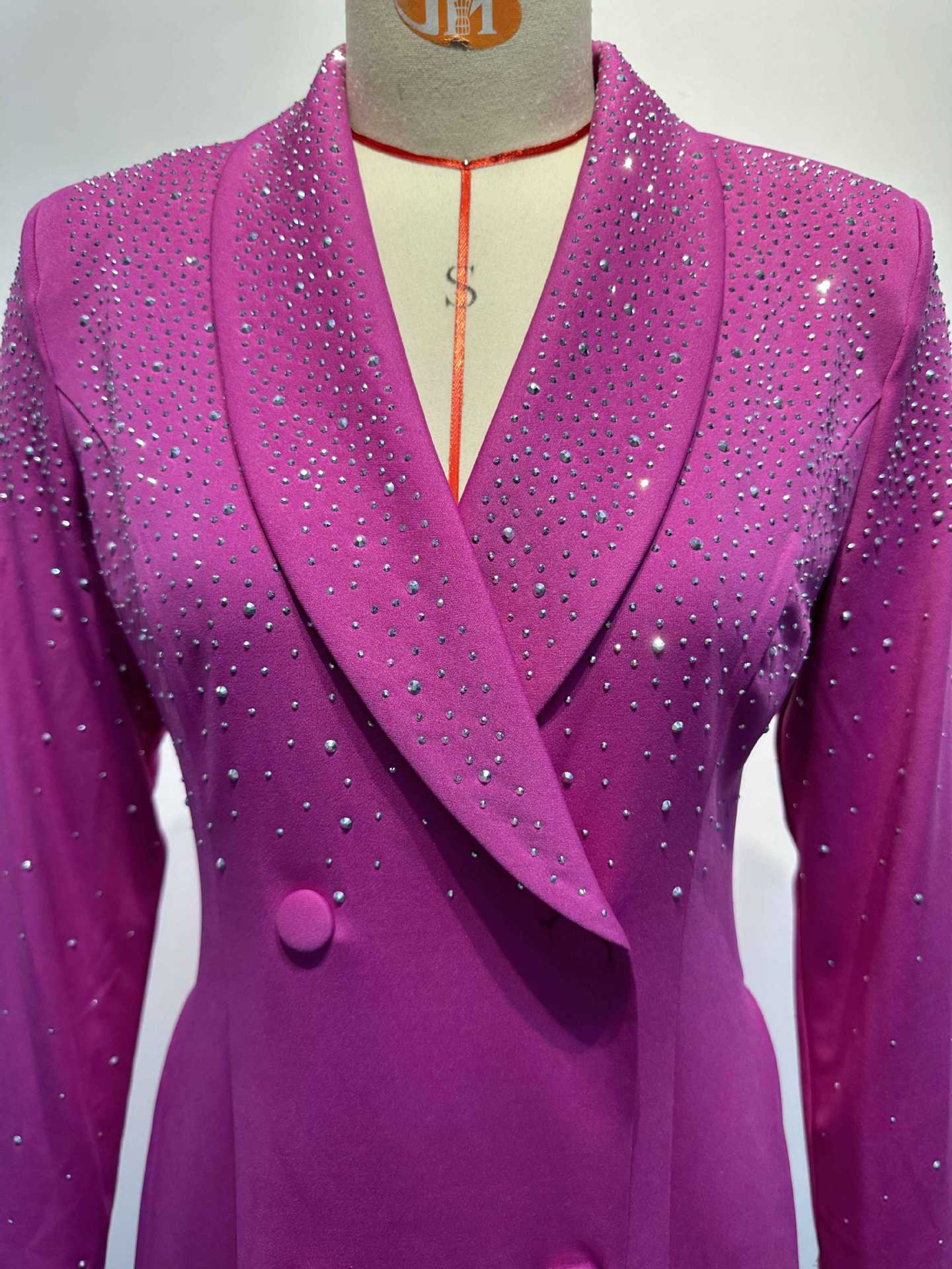 Sexy Solid Color Beaded Slim Waist Long-Sleeved Blazer Dress 12