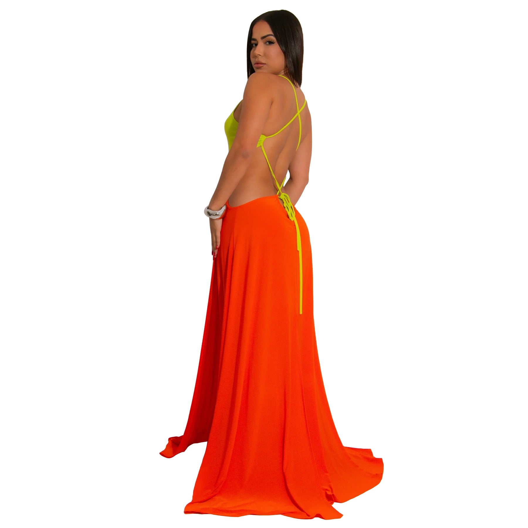 Women's Solid Color Sexy Low-Back High-Slit Contrast Dress 7