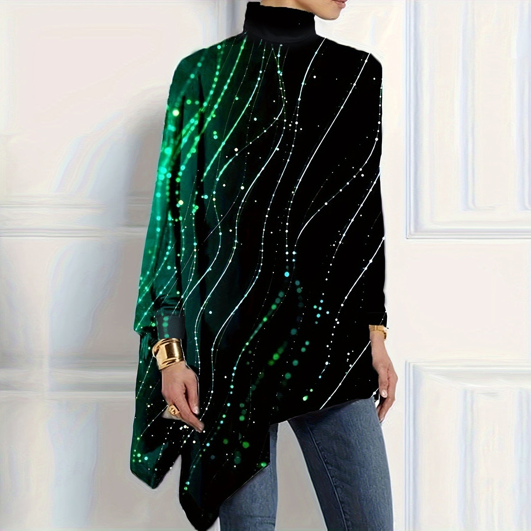 Christmas Women Printed Loose Turtle Collar Casual Irregular Top 5