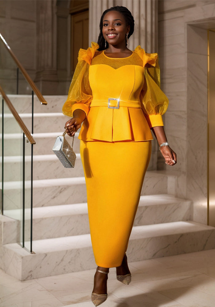 Round Neck See-Through Lantern Sleeve Formal Party Fashion Women Dresses