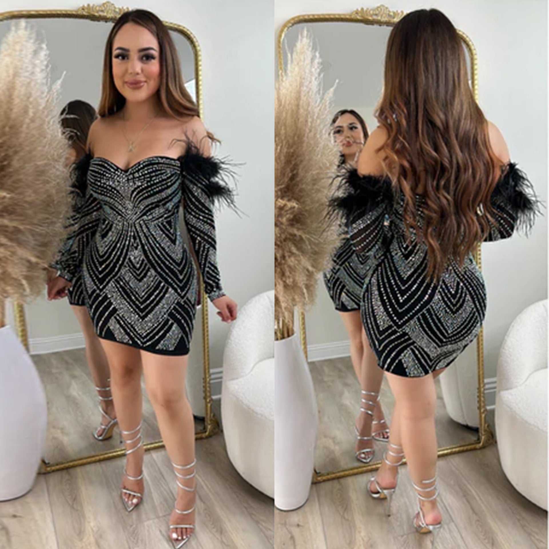 Women's Beaded Feather Off Shoulder Bodycon Dress 3