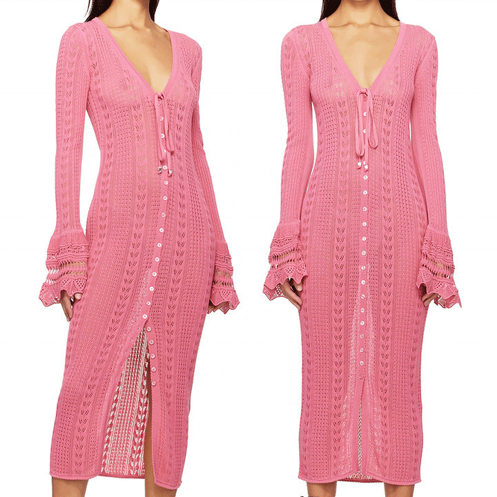 Women's V-Neck Bell-Bottom Sleeve Knitting Dress