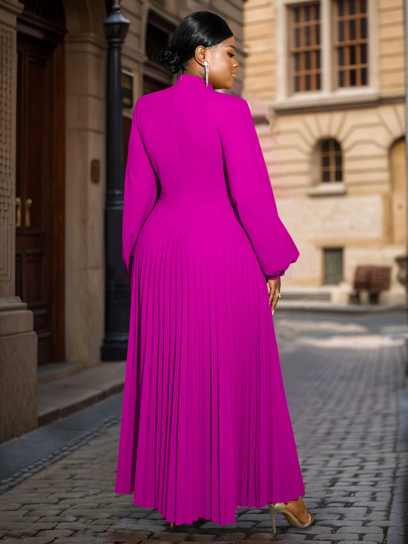 Women hollow Stand Collar lantern sleeve pleated Dress 4