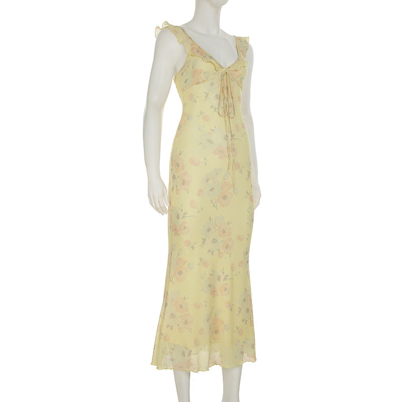 Chic Holidays Floral Strap Ruffle Sexy Flying Sleeve Long Dress 8