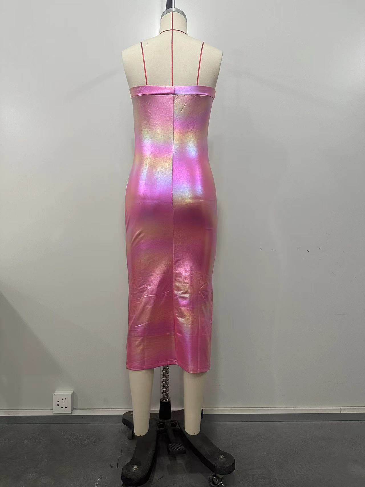 Women Clothing Features Shiny Gradient Pu-Leather High Slit Chest Wrap Dress 8