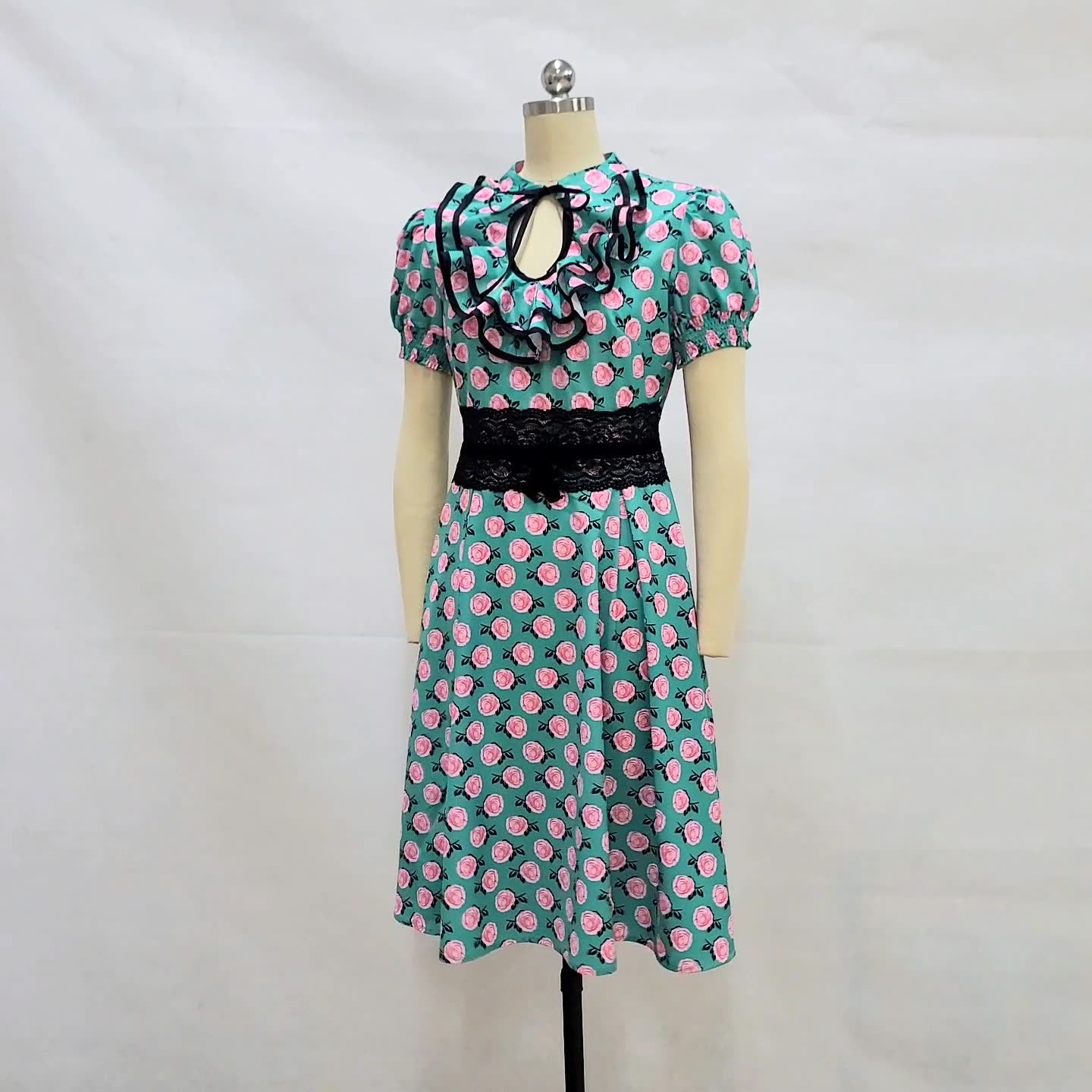 Lace Slim Waist Short Sleeve Rose Print High Waist Chic Retro Swing Dress For Women 9