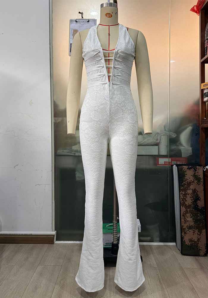 Sexy See-Through Lace Halter Lace-Up Slim-Fit Flare leg Jumpsuit