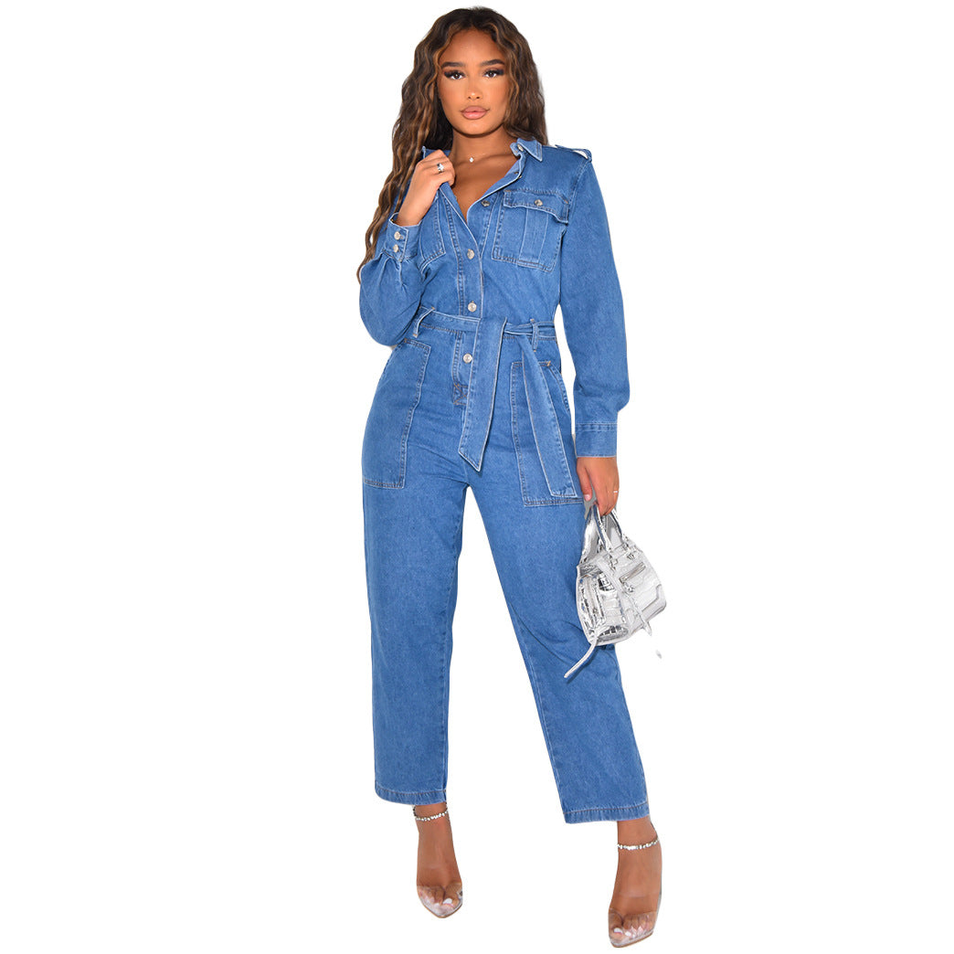 Women's Fashion Casual Sexy Pocket Belt Wide Leg Denim Jumpsuit 6