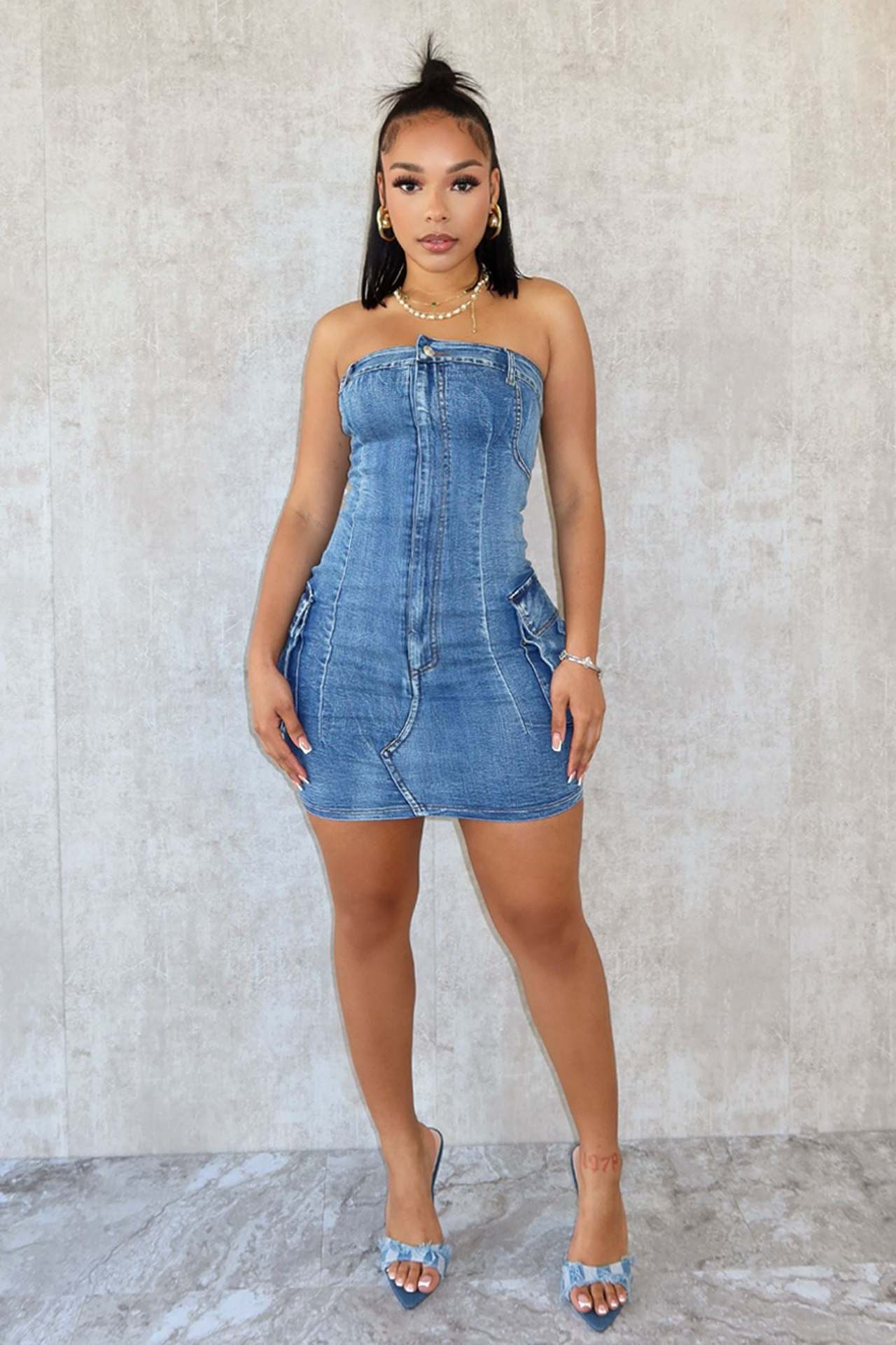 Women Sexy Strapless Washed Button Stretch Denim Dress