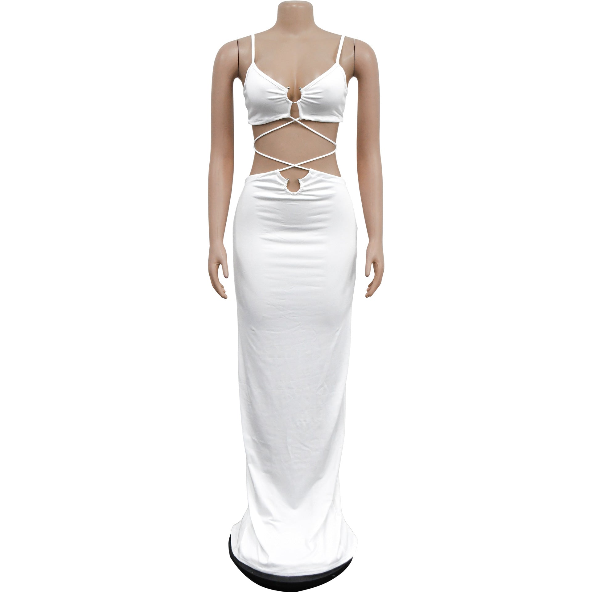 Women's Fashion Solid Color Lace-Up Sleeveless Straps Maxi Dress 19