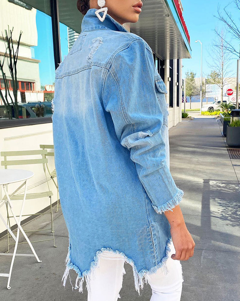 Blue Irregular Ripped Long Sleeves Denim Shirts