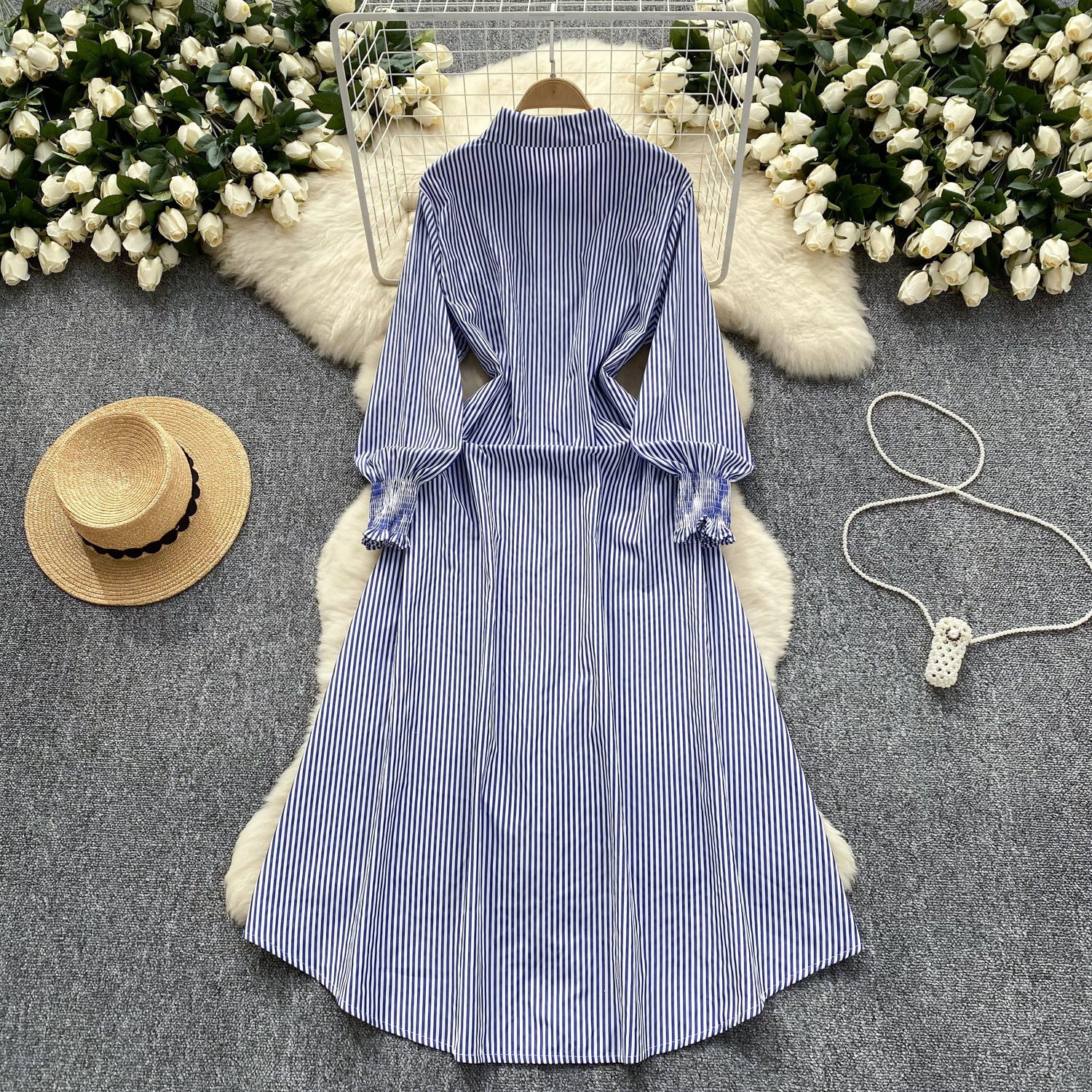 Chic Trendy Long Sleeve Single Button Casual Striped Shirt Dress 5