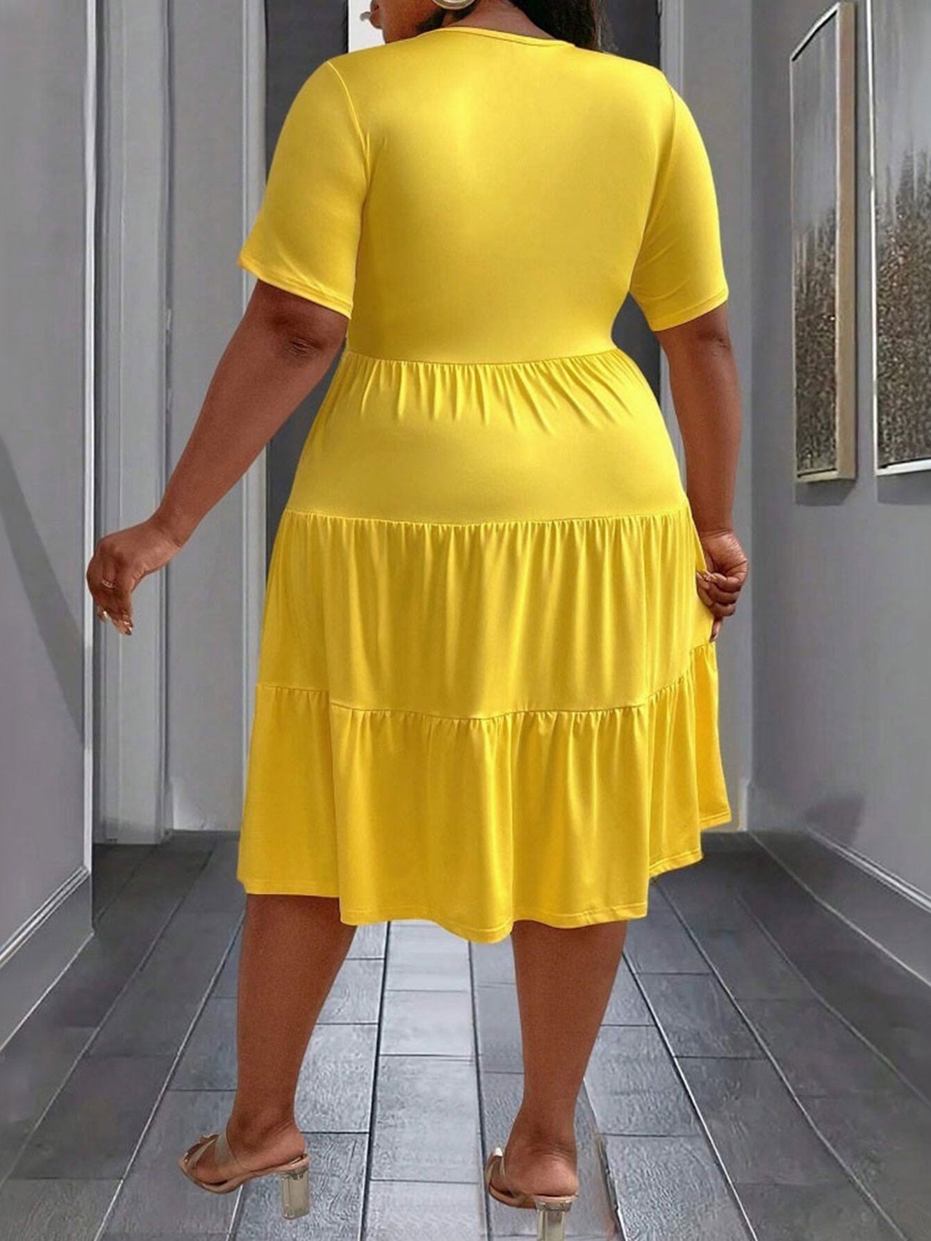 Spring And Summer Plus Size Women's Yellow Loose Short Sleeve Mid-Length Casual Dress