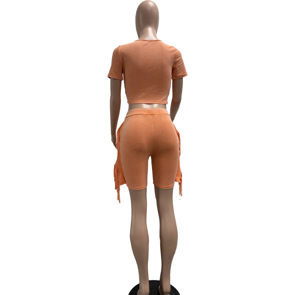 Fashionable Women's Solid Color Short Sleeve Tassel Elastic Shorts Set 10