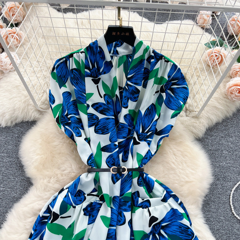 Women Vintage V-Neck Print Summer French Lace-Up Maxi Shirt Dress 21