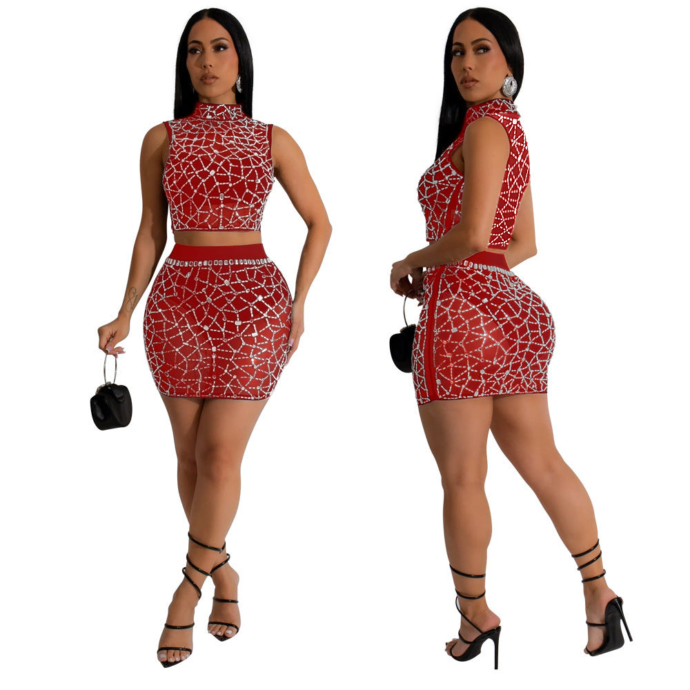 Women Beaded Mesh Sleeveless Round Neck Top and Bodycon Mini Skirt with Panties Two-piece Set 10
