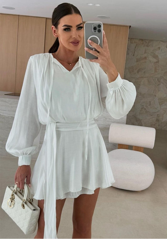 Women solid long sleeve v-neck lace casual dress