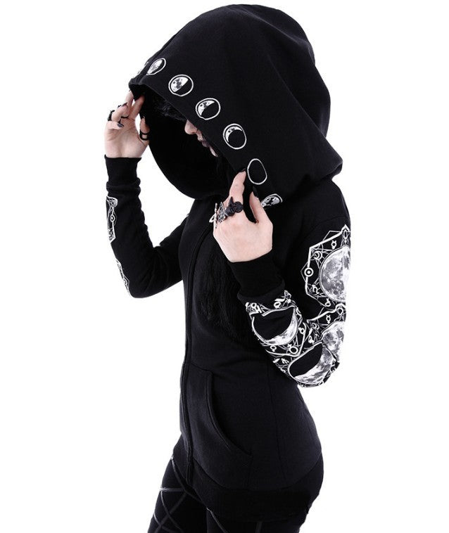 Women Black Punk Peng Hooded Moon Print Long Sleeve Top 4
