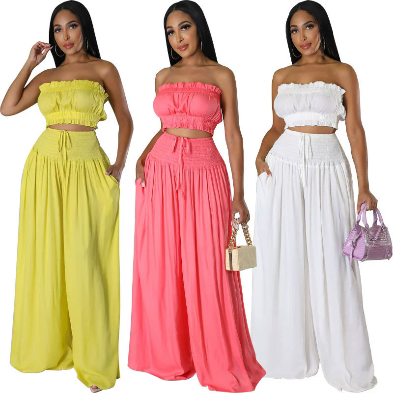 Women Casual Summer Sleeveless Crop Top and Wide Leg Pants Two-Piece Set