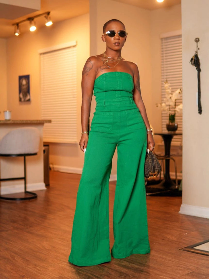 Women Strapless Solid Wide-Leg Jumpsuit 4