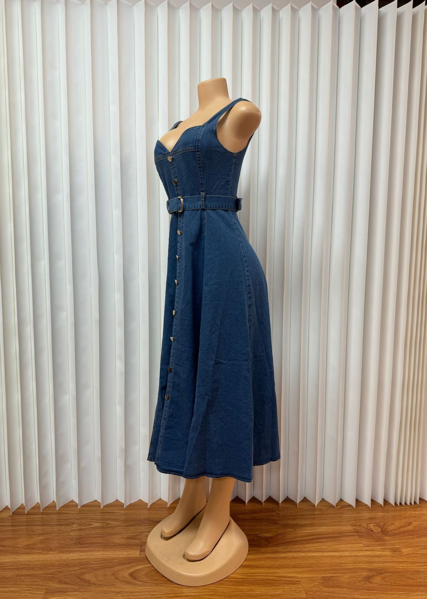 Women's Strap Casual Belted Button-Detailed Denim Maxi Dress 7