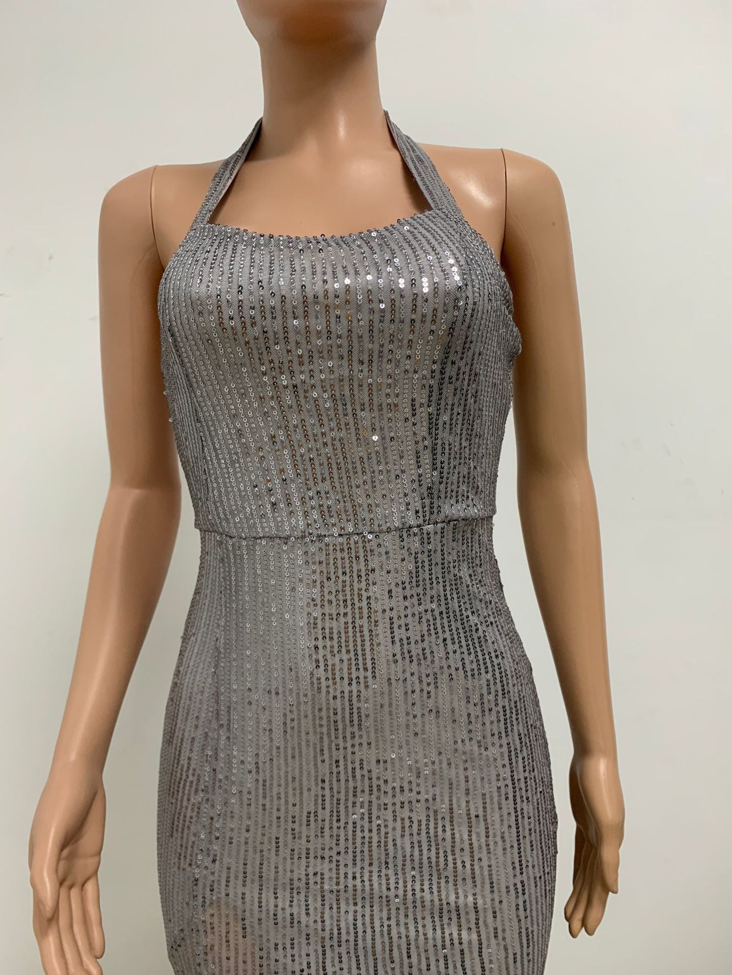 Women Sleeveless Halter Neck Backless Sequin Slit Evening Dress 74