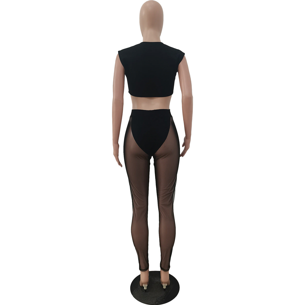 Women 's Mesh See-Through Hollow Vest Mid-Waist Sexy Pants Two Piece Set 30