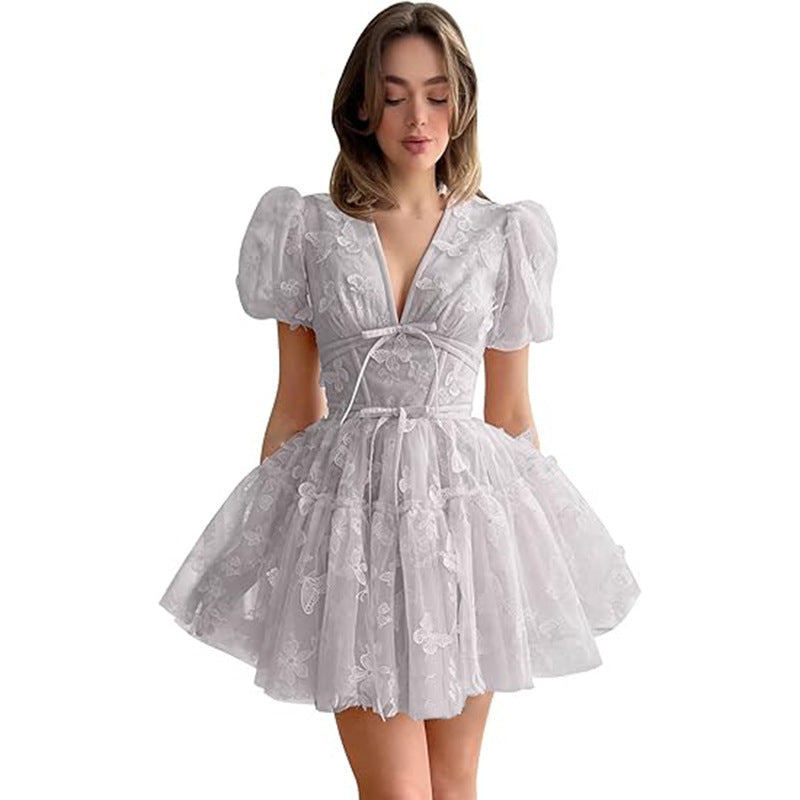 Women bridesmaid dress with flower V-neck short-sleeved dress 13