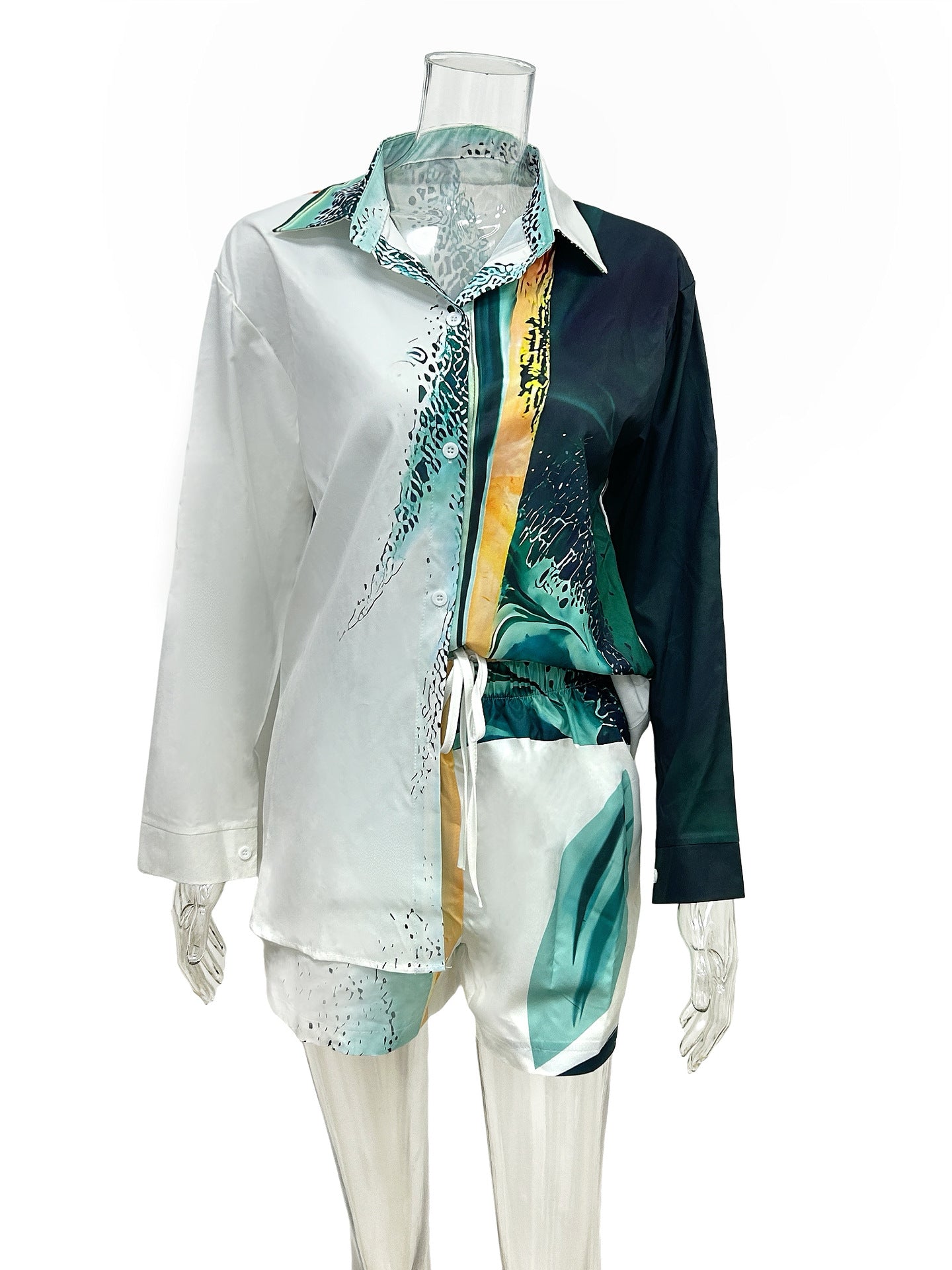 Women's Long Sleeve Printed Shirt Shorts Printed Two Piece Set 40