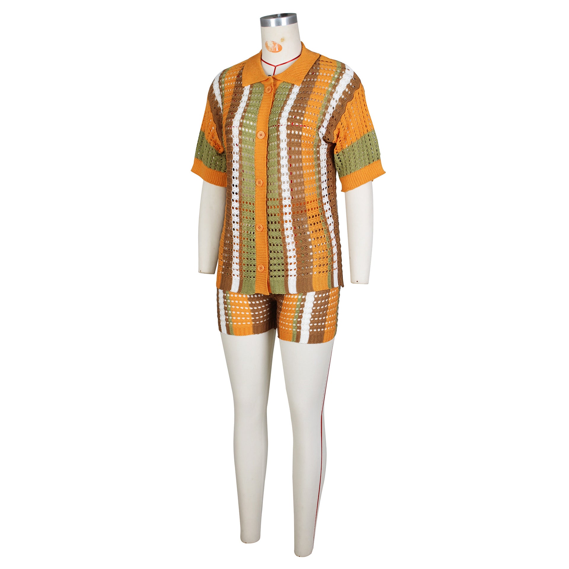 Women Sexy Cutout See-Through Contrasting Color Turndown Collar Top and Shorts Two-Piece Set 19