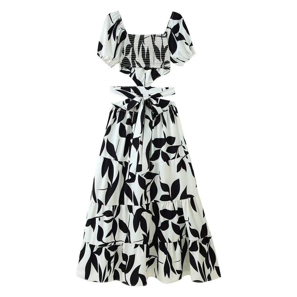 Summer Women's Fashion Color-Blocked Cut-Out Waist Patchwork Maxi Dress 3