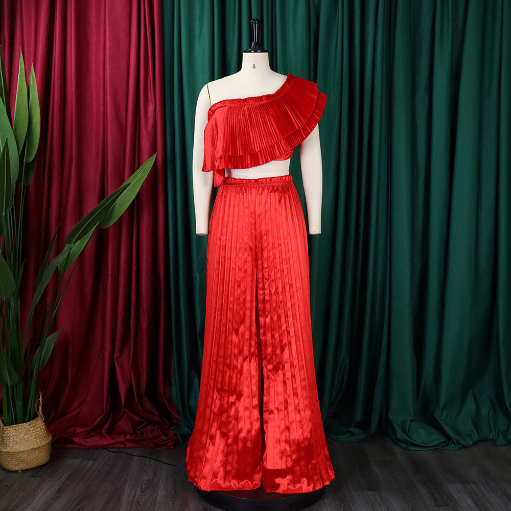 Women's Slash Shoulder Low Back Ruffled Sexy Top Pleated Wide Leg Pant Two-Piece Set 10