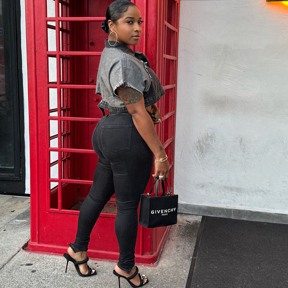 Women Casual Washed Colorblock Denim Jacket 4