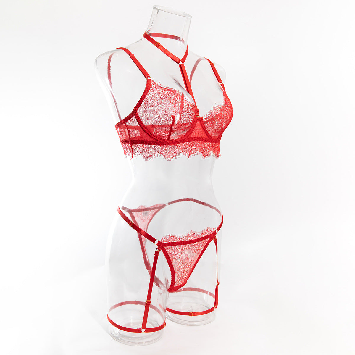 Women hollow lace eyelash halter neck lingerie set with detachable leg loops 33