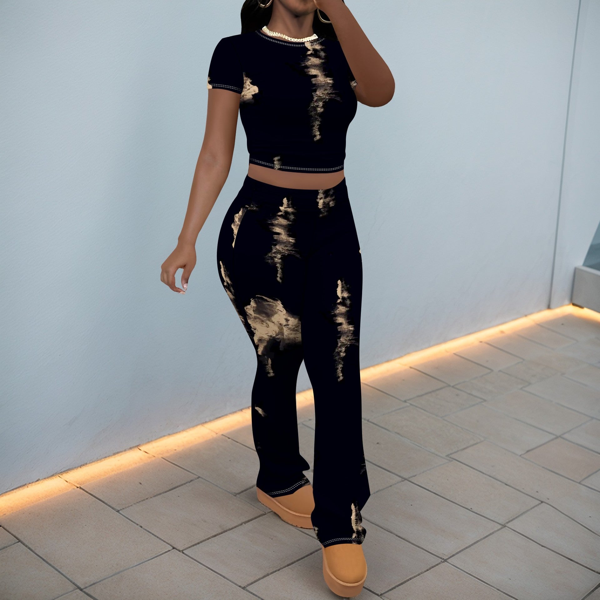 Women Casual Printed Short-Sleeved Top and Pants Two-Piece Set 4